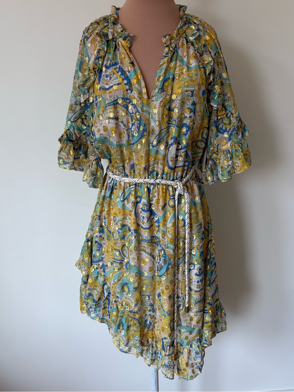 Shoshanna Giada Metallic Silk Sunrise Ruffle Asymmetrical Hem Mini Dress NWT 8